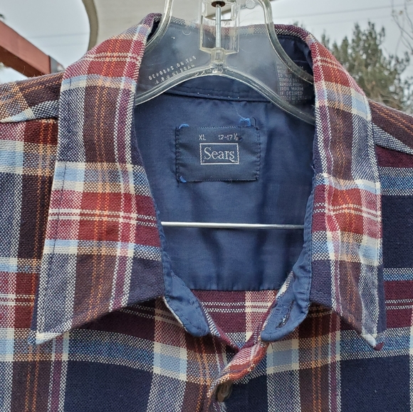 Sear's Vintage long sleeve Acrylic plaid men's button shirt. 17-17.5. Burg/Blue. - Picture 5 of 16